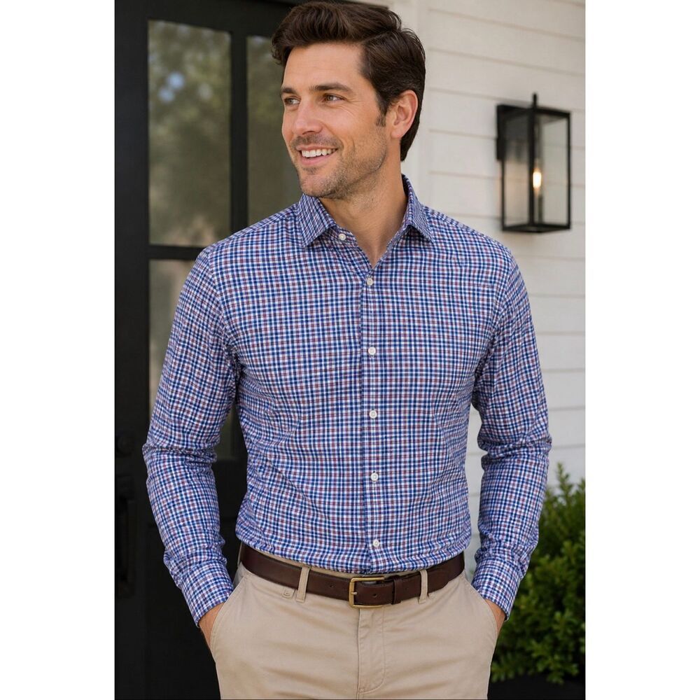 Mizzen + Main Leeward Shirt Mens M Medium Standard Fit Blue red Plaid Performanc